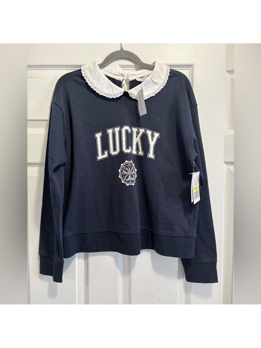 NWT Lucky Brand Peter Pan Collared Sweatshirt Navy Blue Women’s Medium Brand New
